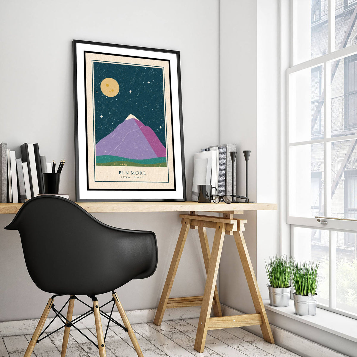 Ben More Starry Night Art Print - Lilac Peak Under a Full Moon - Crianlarich Munro Poster Linocut Illustration V2 3/3