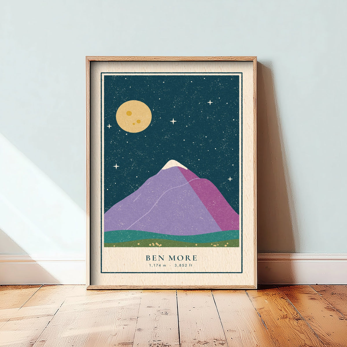 Ben More Starry Night Art Print - Lilac Peak Under a Full Moon - Crianlarich Munro Poster Linocut Illustration V2 3/3