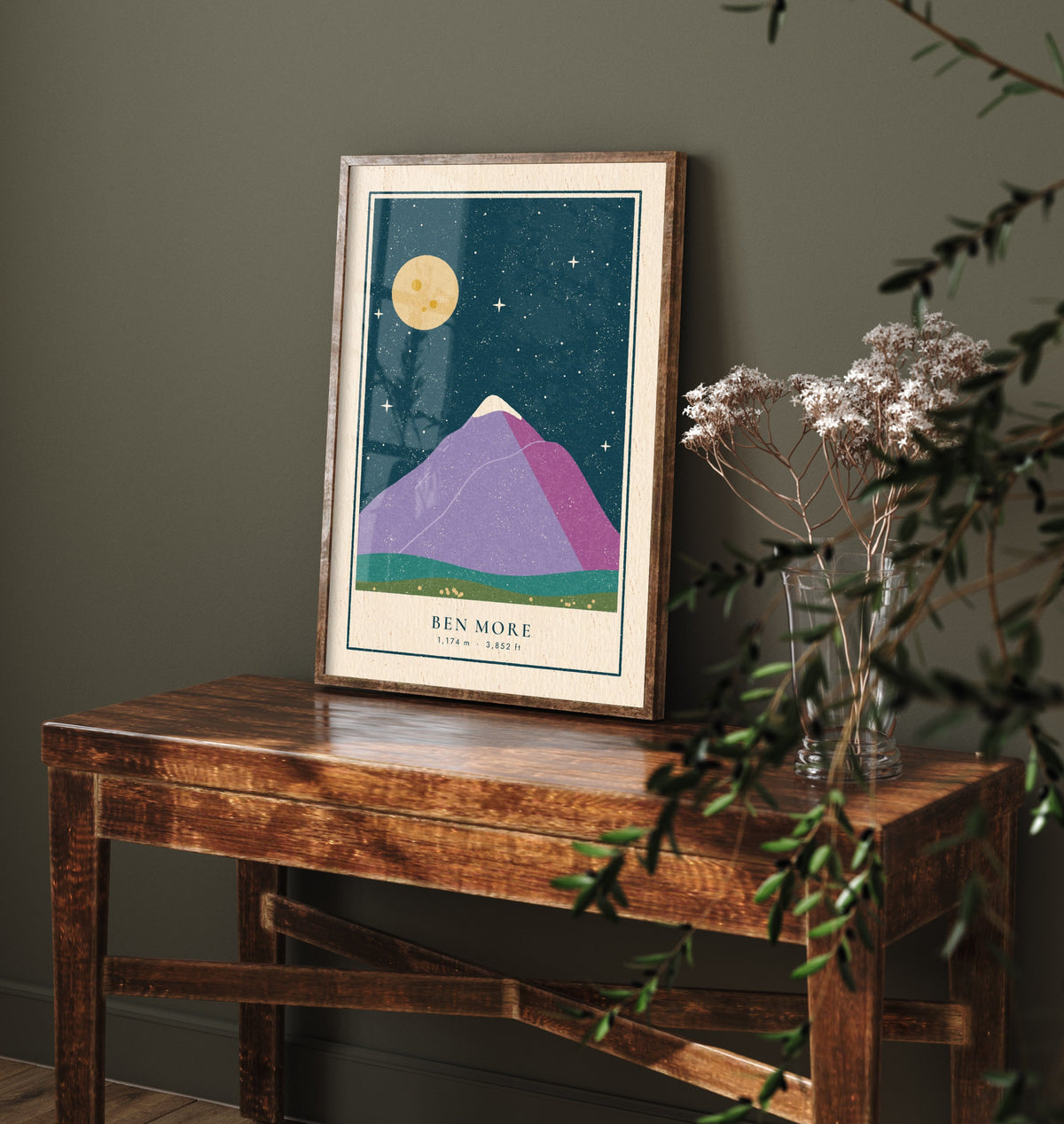 Ben More Starry Night Art Print - Lilac Peak Under a Full Moon - Crianlarich Munro Poster Linocut Illustration V2 3/3