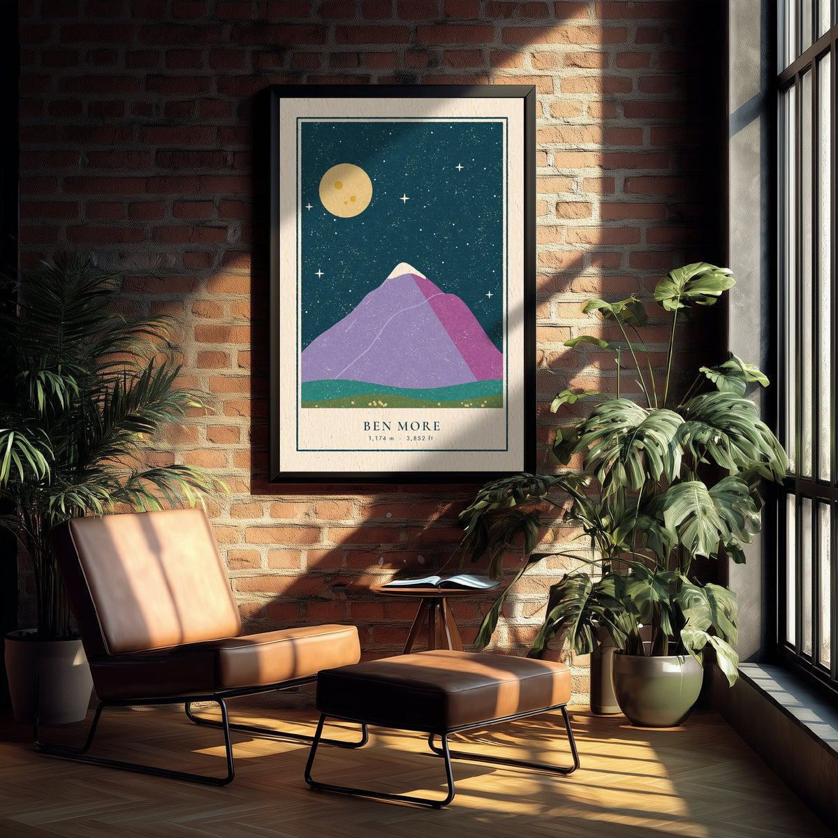 Ben More Starry Night Art Print - Lilac Peak Under a Full Moon - Crianlarich Munro Poster Linocut Illustration V2 3/3