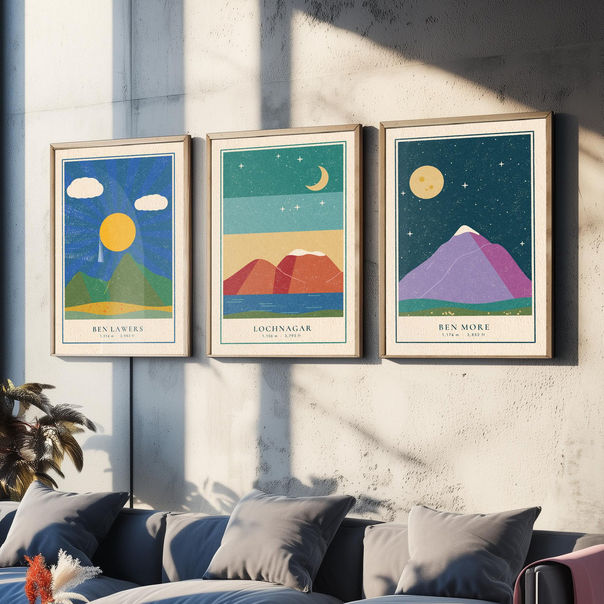 Scottish Munro Set of Three Art Prints - Ben Lawers, Lochnagar, Ben More - Linocut Style Poster Illustration V2