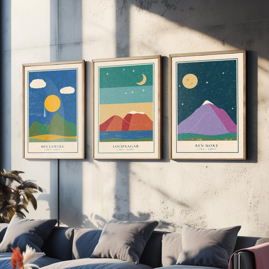 Scottish Munro Set of Three Art Prints - Ben Lawers, Lochnagar, Ben More - Linocut Style Poster Illustration V2