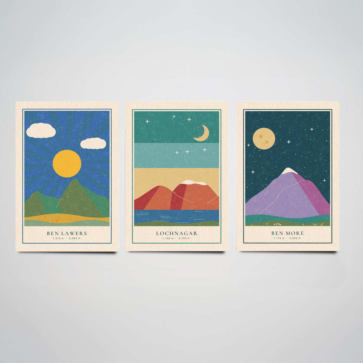 Scottish Munro Set of Three Art Prints - Ben Lawers, Lochnagar, Ben More - Linocut Style Poster Illustration V2