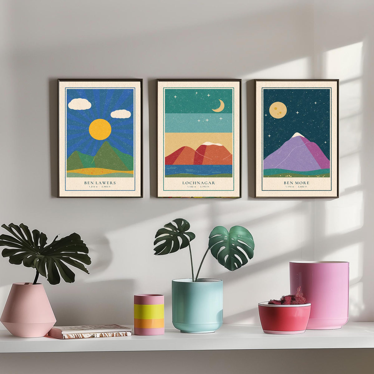 Scottish Munro Set of Three Art Prints - Ben Lawers, Lochnagar, Ben More - Linocut Style Poster Illustration V2