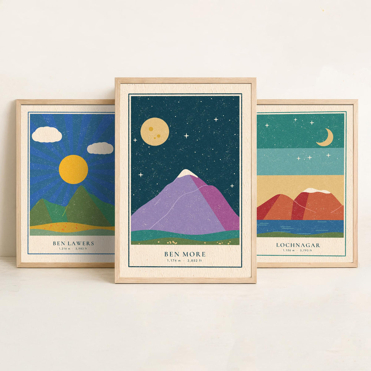 Scottish Munro Set of Three Art Prints - Ben Lawers, Lochnagar, Ben More - Linocut Style Poster Illustration V2