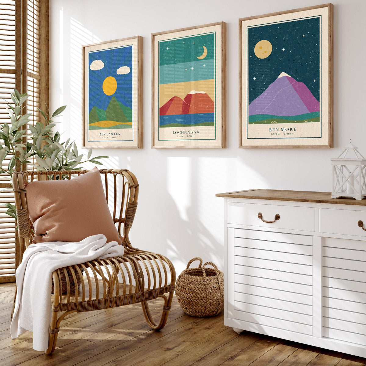 Scottish Munro Set of Three Art Prints - Ben Lawers, Lochnagar, Ben More - Linocut Style Poster Illustration V2