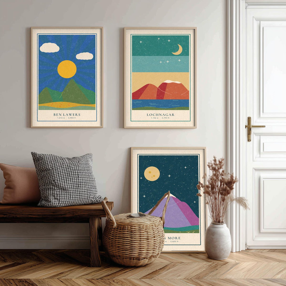 Scottish Munro Set of Three Art Prints - Ben Lawers, Lochnagar, Ben More - Linocut Style Poster Illustration V2