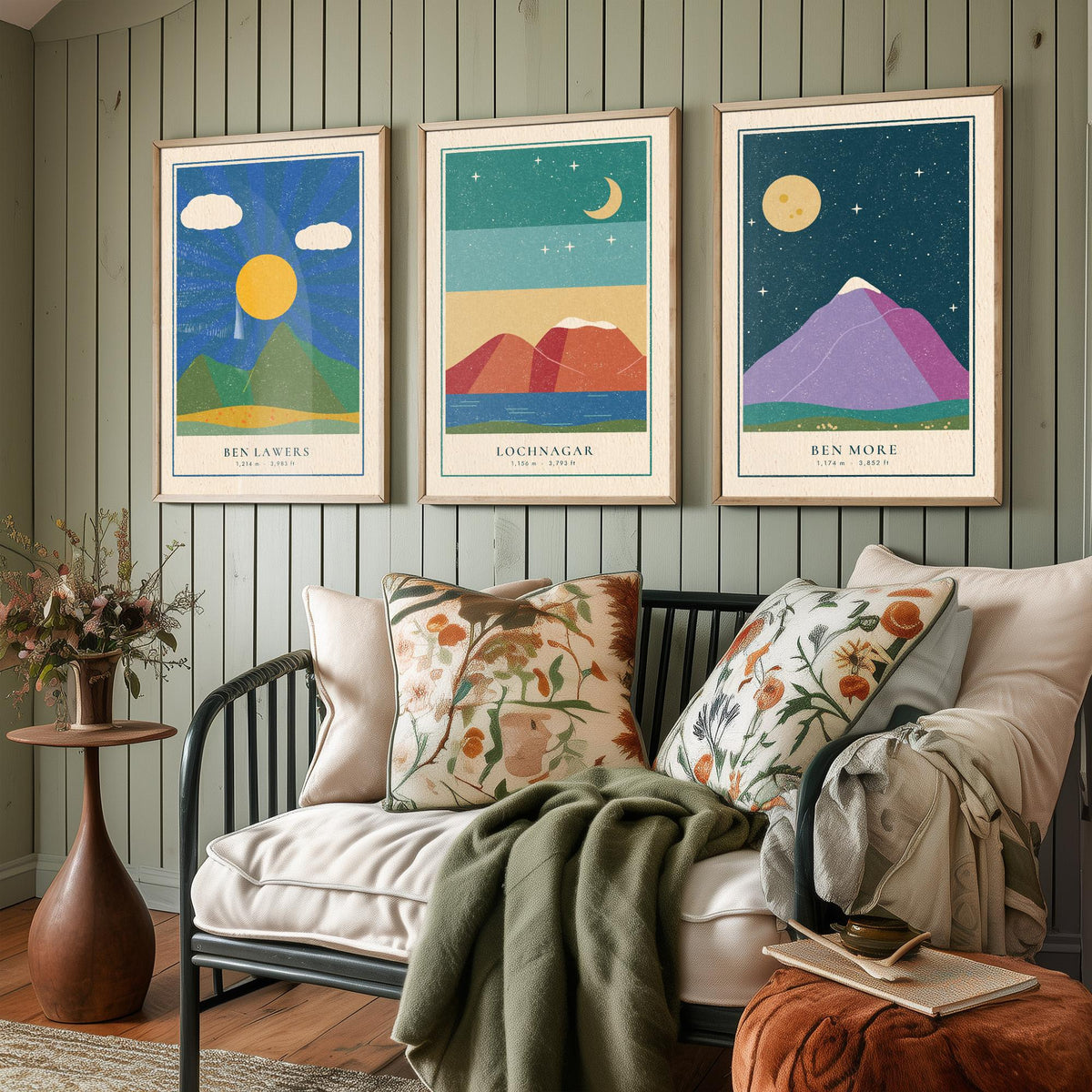 Scottish Munro Set of Three Art Prints - Ben Lawers, Lochnagar, Ben More - Linocut Style Poster Illustration V2