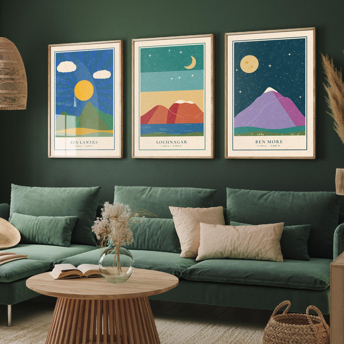 Scottish Munro Set of Three Art Prints - Ben Lawers, Lochnagar, Ben More - Linocut Style Poster Illustration V2