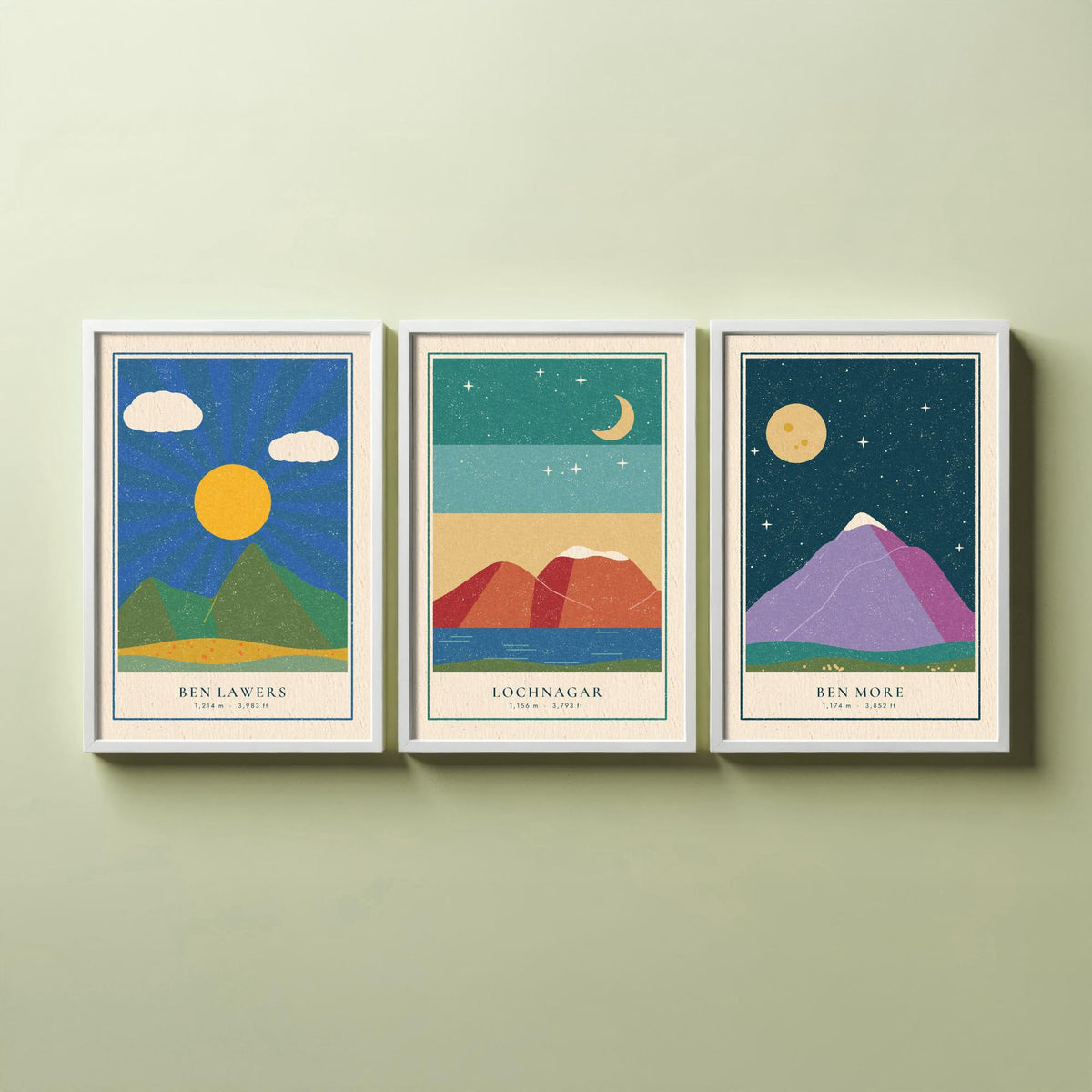 Scottish Munro Set of Three Art Prints - Ben Lawers, Lochnagar, Ben More - Linocut Style Poster Illustration V2