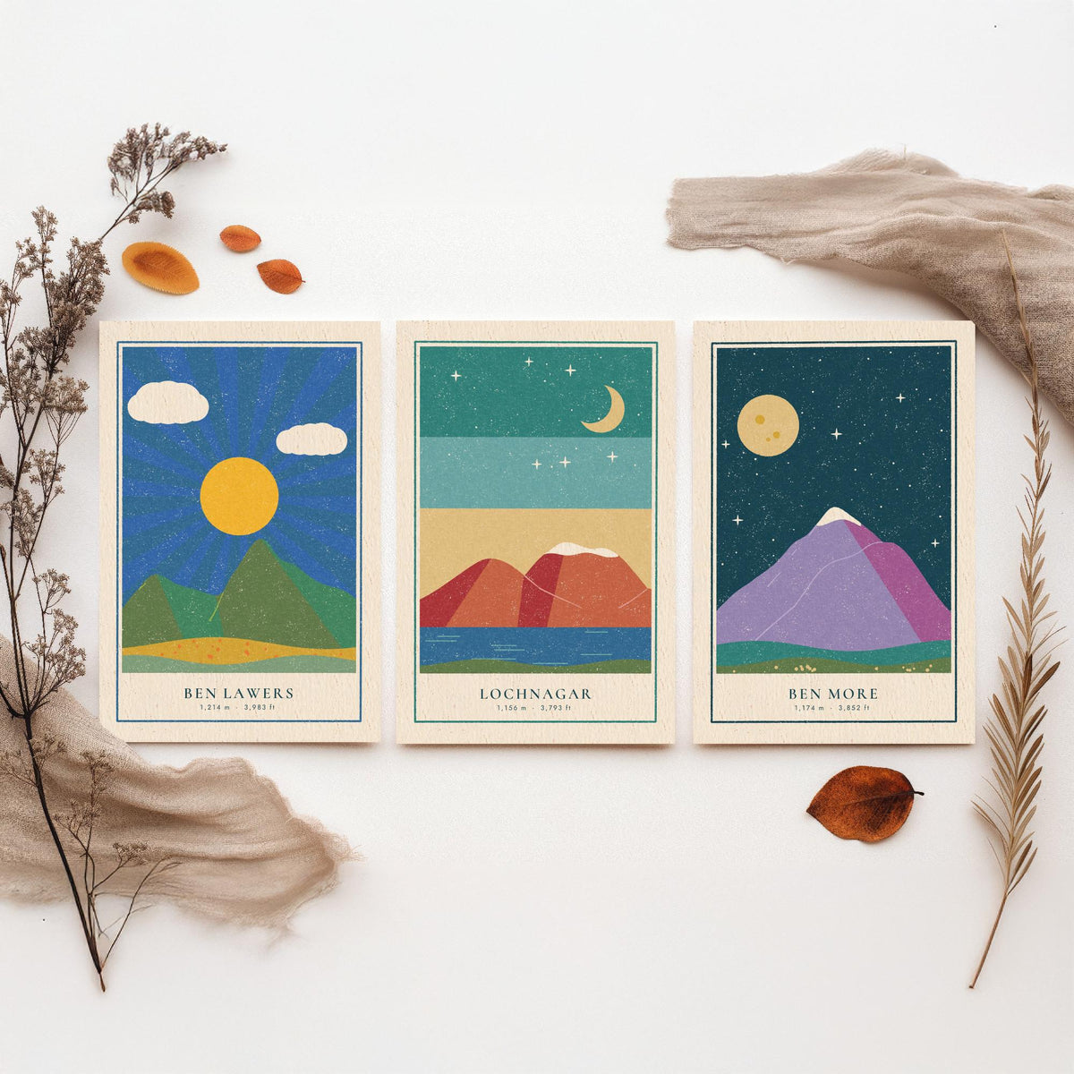 Scottish Munro Set of Three Art Prints - Ben Lawers, Lochnagar, Ben More - Linocut Style Poster Illustration V2