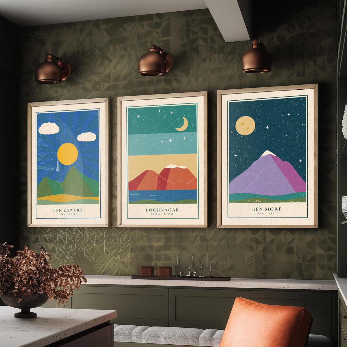 Scottish Munro Set of Three Art Prints - Ben Lawers, Lochnagar, Ben More - Linocut Style Poster Illustration V2
