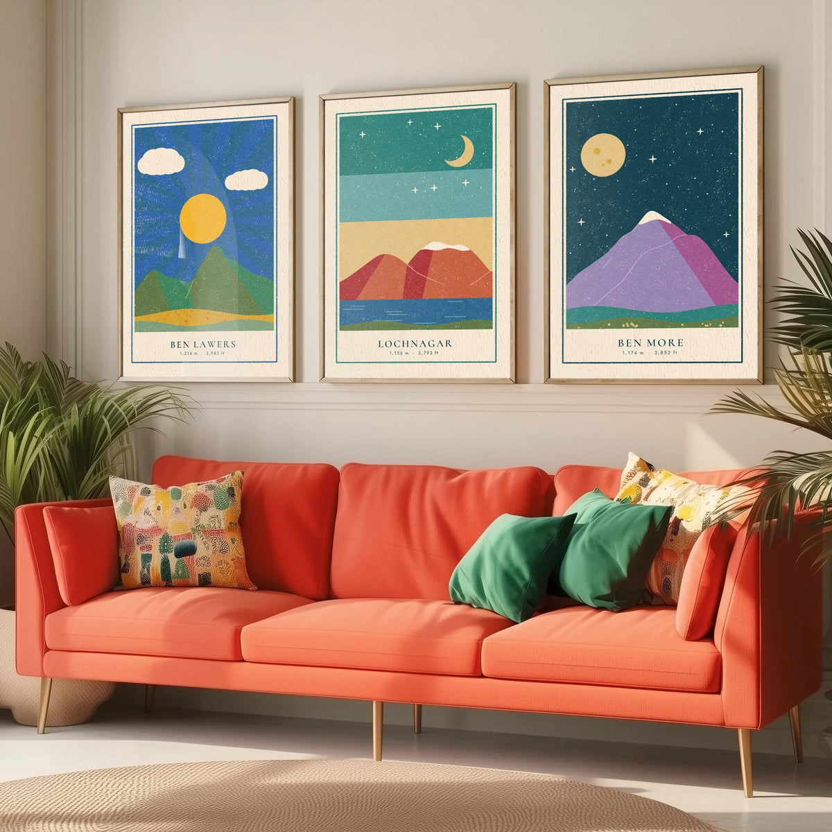 Scottish Munro Set of Three Art Prints - Ben Lawers, Lochnagar, Ben More - Linocut Style Poster Illustration V2