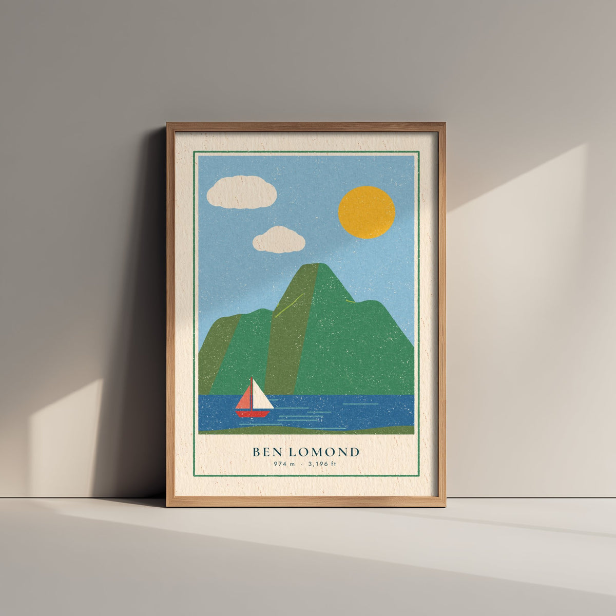 Ben Lomond Sailing Boat Art Print - Loch Lomond Summer Poster - Linocut Style Scottish Mountain Illustration V2 1/3