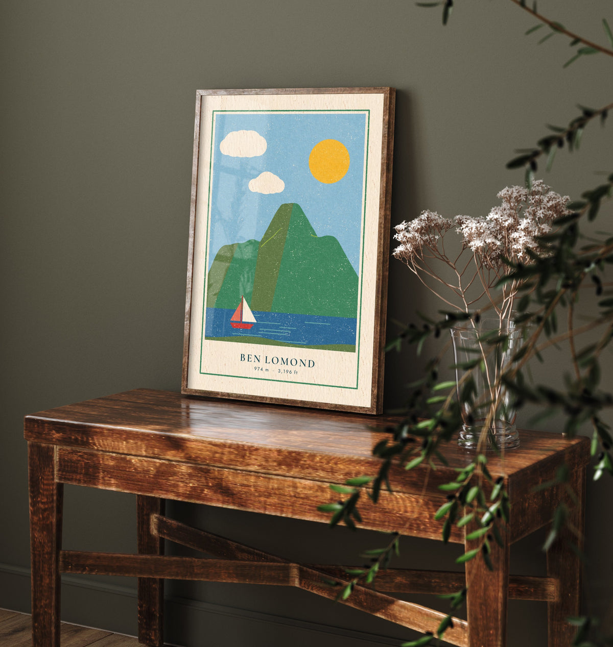 Ben Lomond Sailing Boat Art Print - Loch Lomond Summer Poster - Linocut Style Scottish Mountain Illustration V2 1/3
