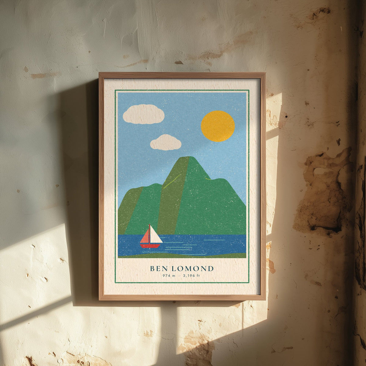 Ben Lomond Sailing Boat Art Print - Loch Lomond Summer Poster - Linocut Style Scottish Mountain Illustration V2 1/3