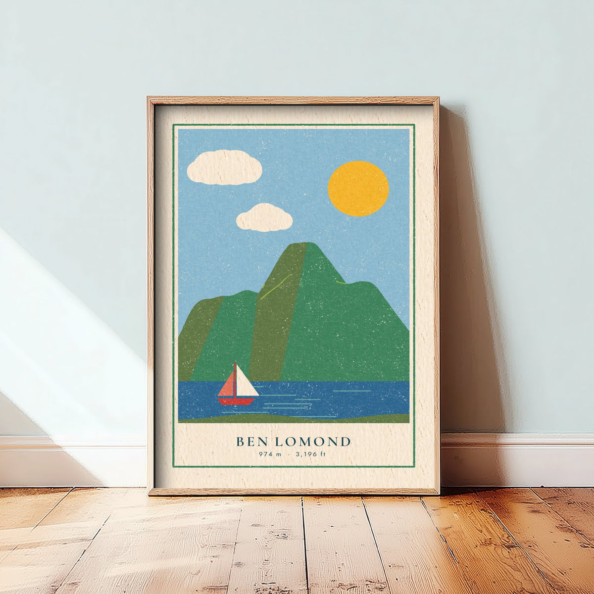 Ben Lomond Sailing Boat Art Print - Loch Lomond Summer Poster - Linocut Style Scottish Mountain Illustration V2 1/3