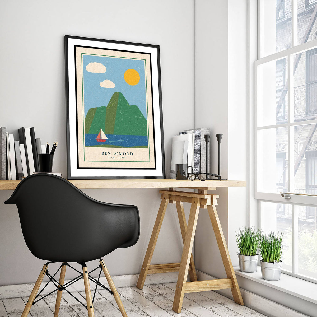 Ben Lomond Sailing Boat Art Print - Loch Lomond Summer Poster - Linocut Style Scottish Mountain Illustration V2 1/3