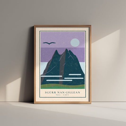 Sgurr nan Gillean Poster - Isle of Skye Cuillin Linocut Art Print - Lilac Sky Mountain Illustration V2 2/3
