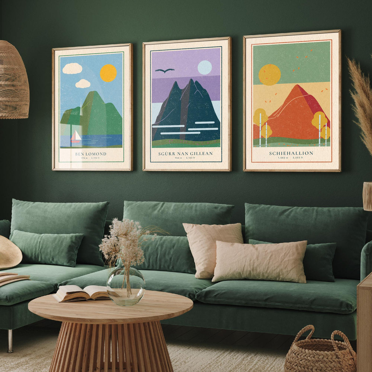 Iconic Scottish Mountain Set of Three Art Prints - Ben Lomond, Sgurr nan Gillean, Schiehallion - Linocut Style Poster Illustration V2
