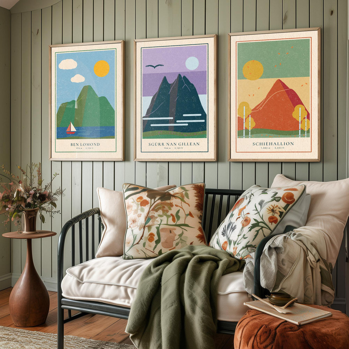 Iconic Scottish Mountain Set of Three Art Prints - Ben Lomond, Sgurr nan Gillean, Schiehallion - Linocut Style Poster Illustration V2