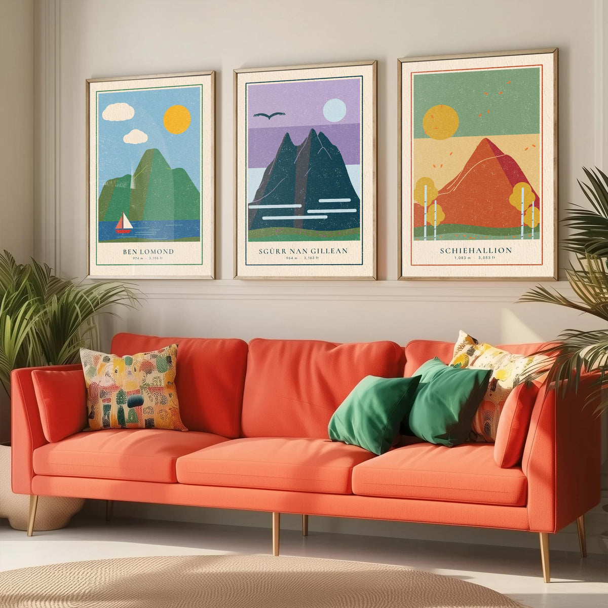 Iconic Scottish Mountain Set of Three Art Prints - Ben Lomond, Sgurr nan Gillean, Schiehallion - Linocut Style Poster Illustration V2