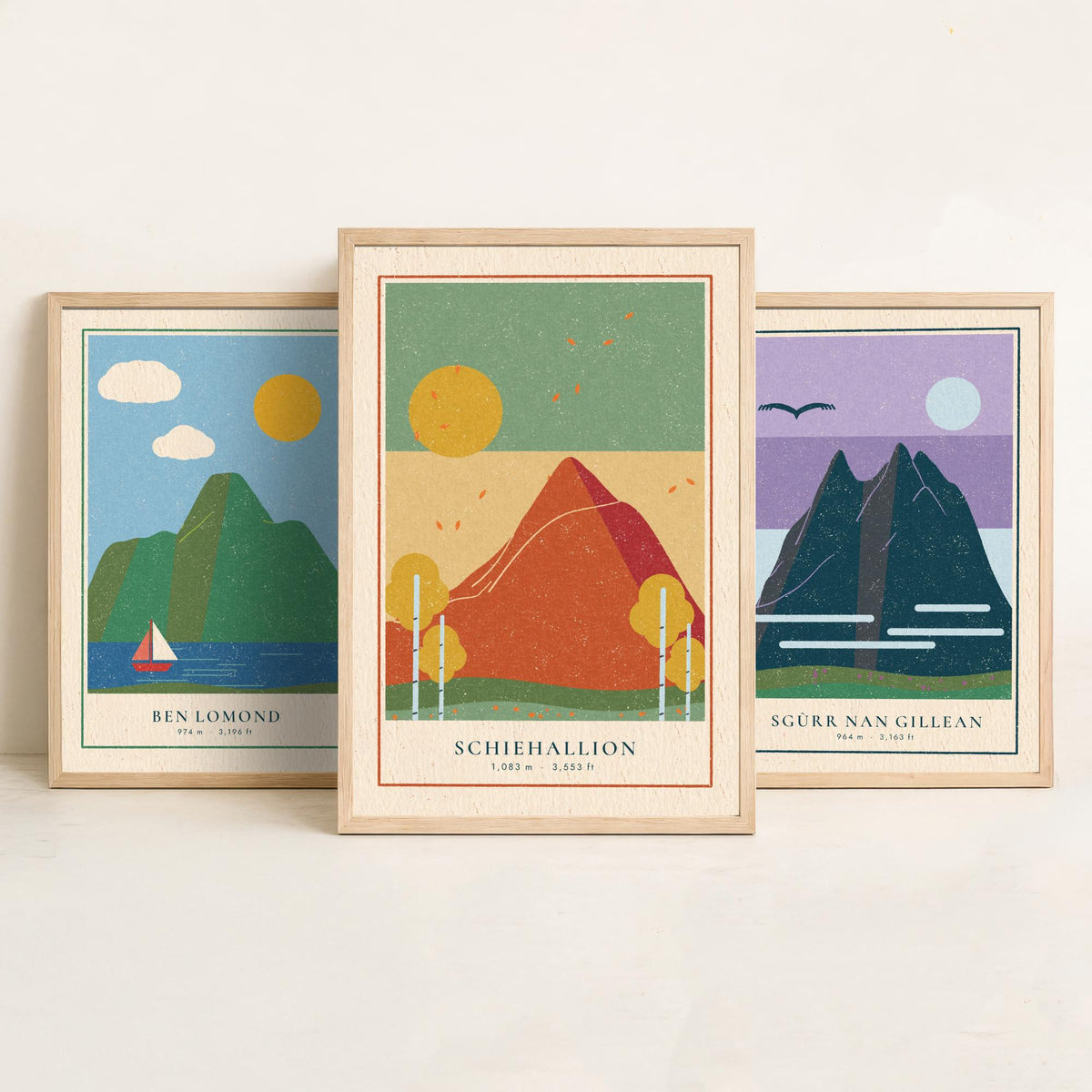 Iconic Scottish Mountain Set of Three Art Prints - Ben Lomond, Sgurr nan Gillean, Schiehallion - Linocut Style Poster Illustration V2