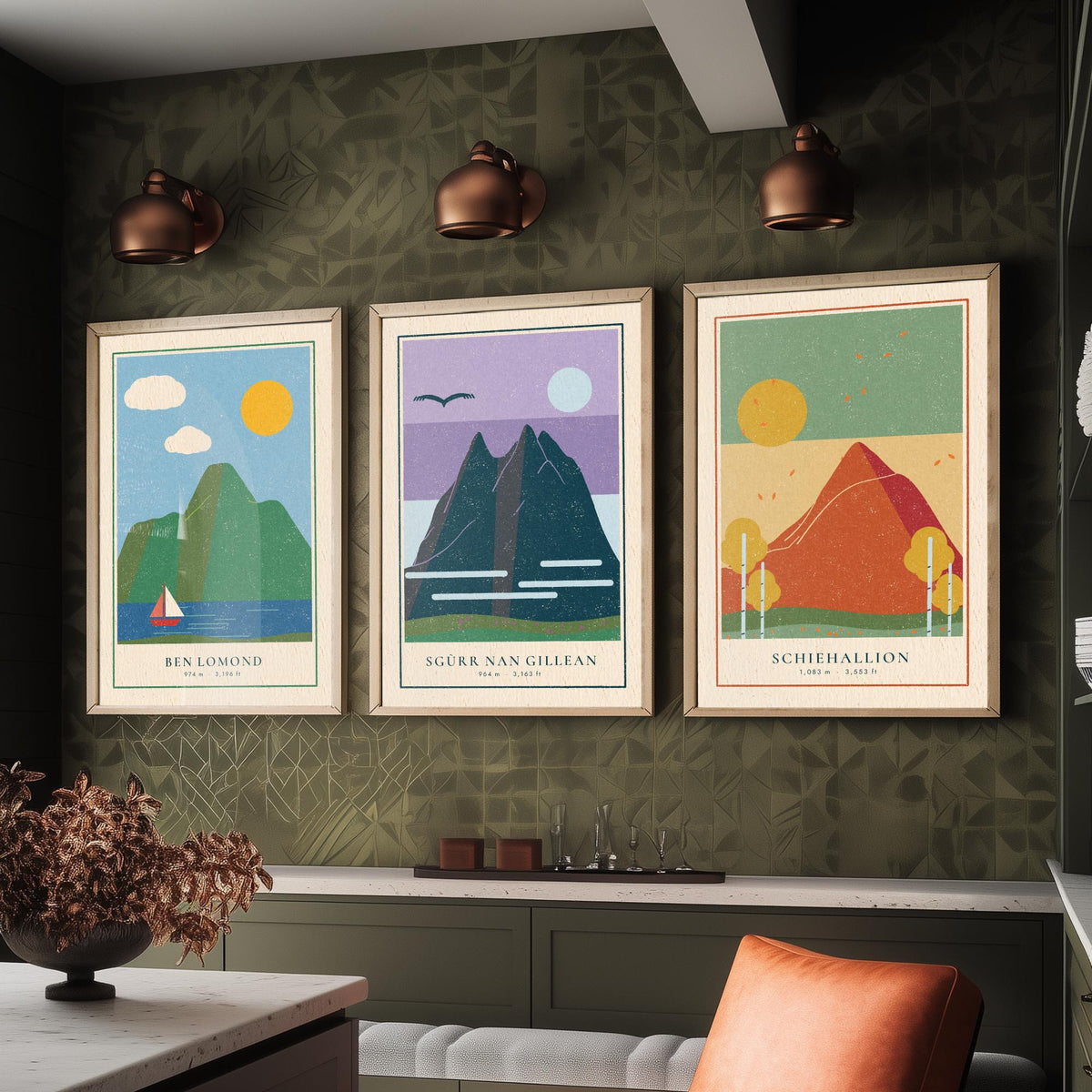 Iconic Scottish Mountain Set of Three Art Prints - Ben Lomond, Sgurr nan Gillean, Schiehallion - Linocut Style Poster Illustration V2