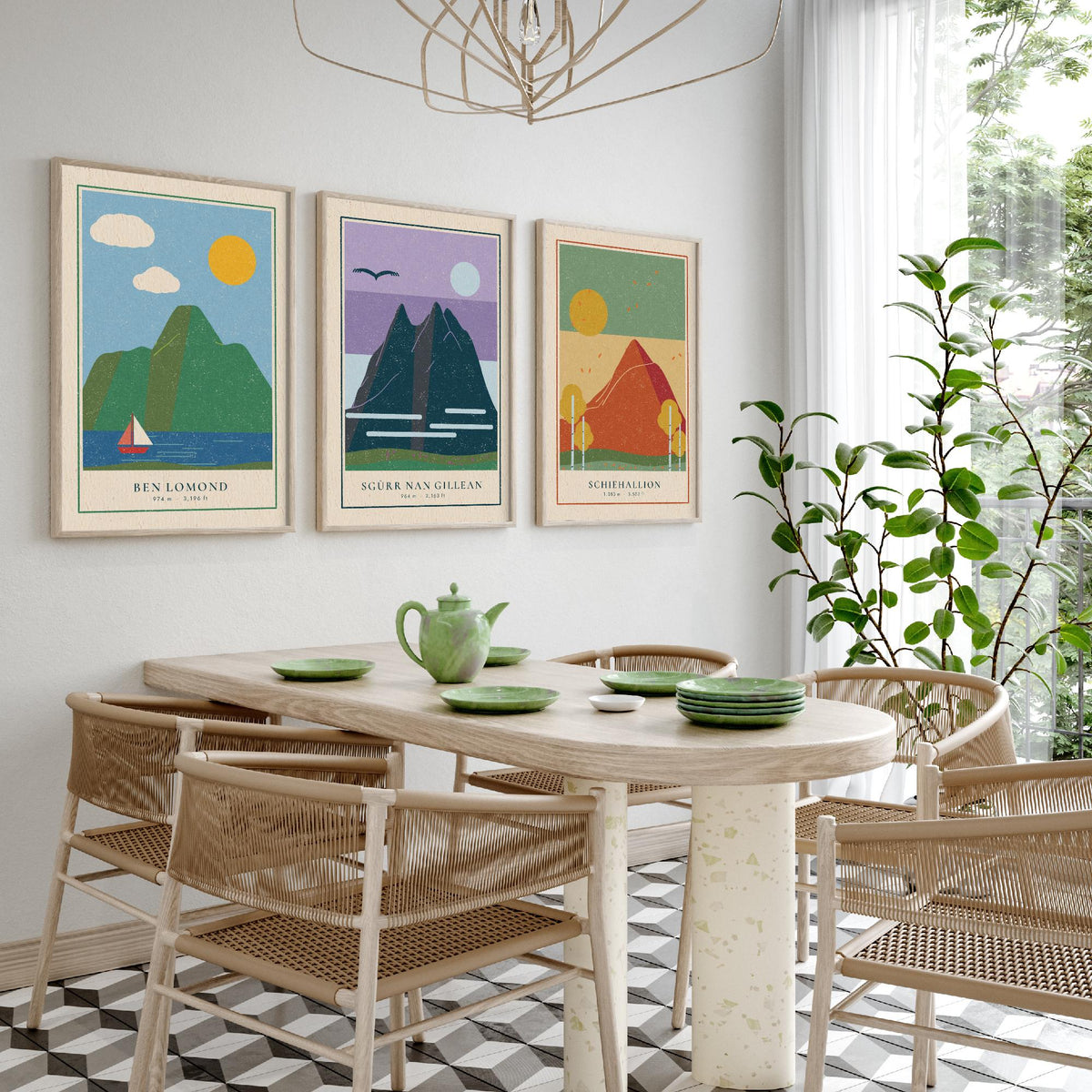 Iconic Scottish Mountain Set of Three Art Prints - Ben Lomond, Sgurr nan Gillean, Schiehallion - Linocut Style Poster Illustration V2