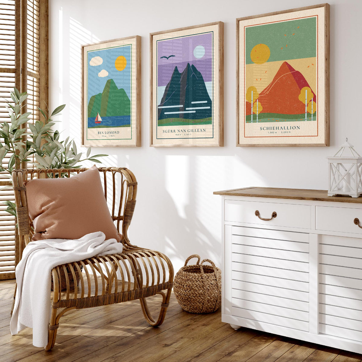 Iconic Scottish Mountain Set of Three Art Prints - Ben Lomond, Sgurr nan Gillean, Schiehallion - Linocut Style Poster Illustration V2