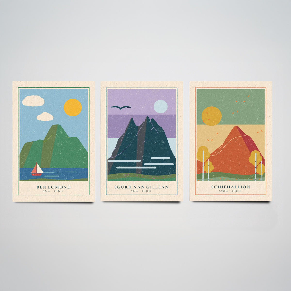 Iconic Scottish Mountain Set of Three Art Prints - Ben Lomond, Sgurr nan Gillean, Schiehallion - Linocut Style Poster Illustration V2