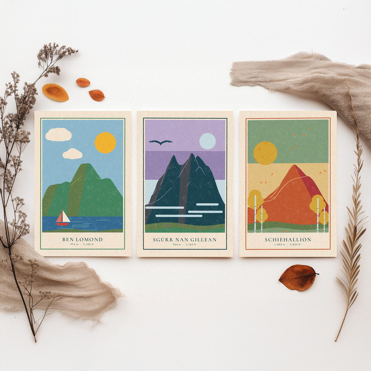 Iconic Scottish Mountain Set of Three Art Prints - Ben Lomond, Sgurr nan Gillean, Schiehallion - Linocut Style Poster Illustration V2