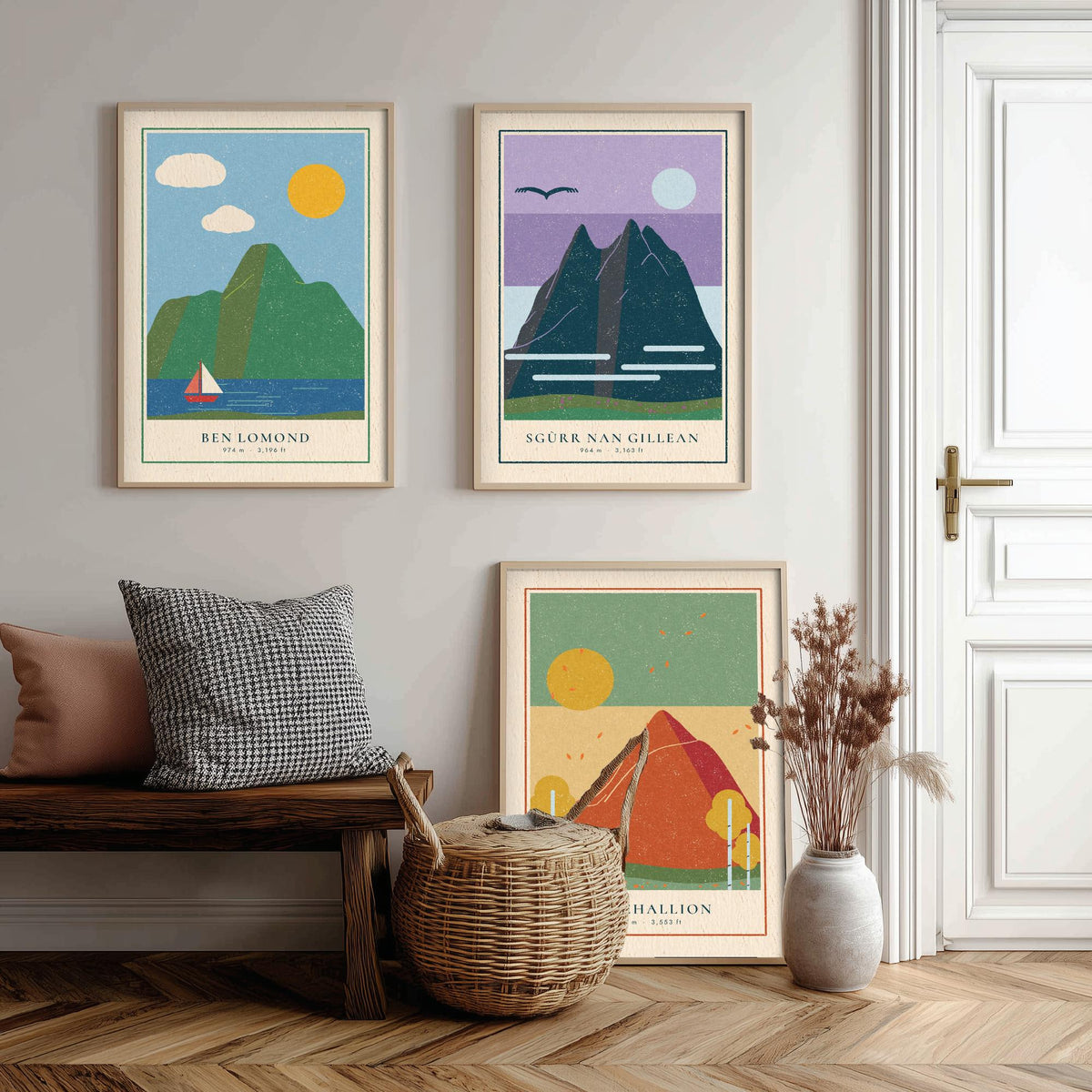 Iconic Scottish Mountain Set of Three Art Prints - Ben Lomond, Sgurr nan Gillean, Schiehallion - Linocut Style Poster Illustration V2