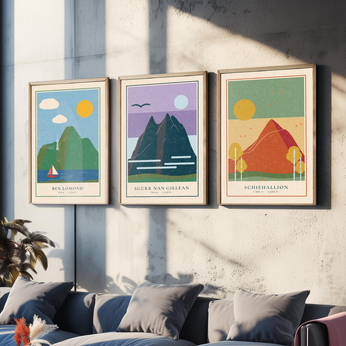 Iconic Scottish Mountain Set of Three Art Prints - Ben Lomond, Sgurr nan Gillean, Schiehallion - Linocut Style Poster Illustration V2