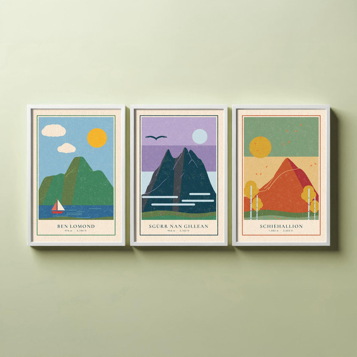 Iconic Scottish Mountain Set of Three Art Prints - Ben Lomond, Sgurr nan Gillean, Schiehallion - Linocut Style Poster Illustration V2