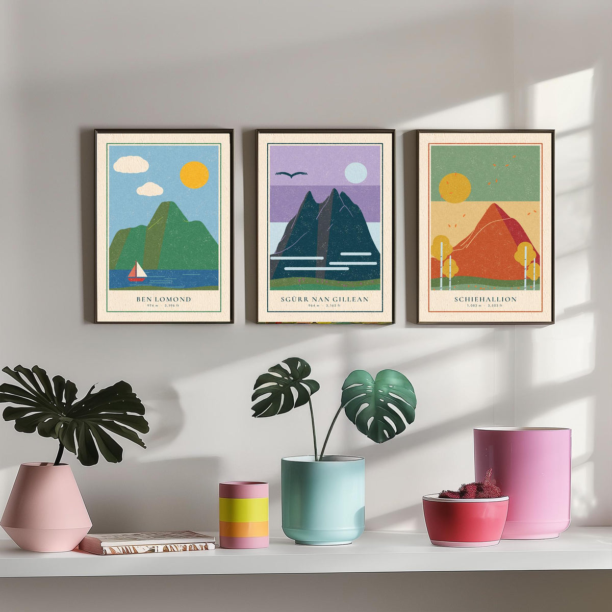 Iconic Scottish Mountain Set of Three Art Prints - Ben Lomond, Sgurr nan Gillean, Schiehallion - Linocut Style Poster Illustration V2