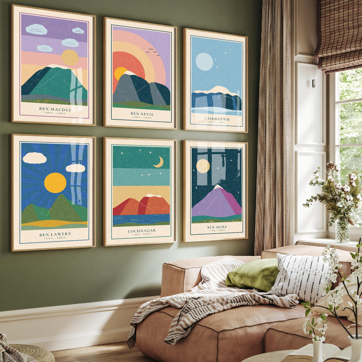 Set of Six Scottish Munro Art Prints - 6 Linocut Illustration Posters - Ben Macdui, Ben Nevis, Cairn Gorm, Ben Lawers, Lochnagar, Ben More