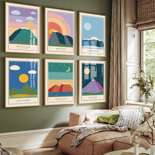 Set of Six Scottish Munro Art Prints - 6 Linocut Illustration Posters - Ben Macdui, Ben Nevis, Cairn Gorm, Ben Lawers, Lochnagar, Ben More
