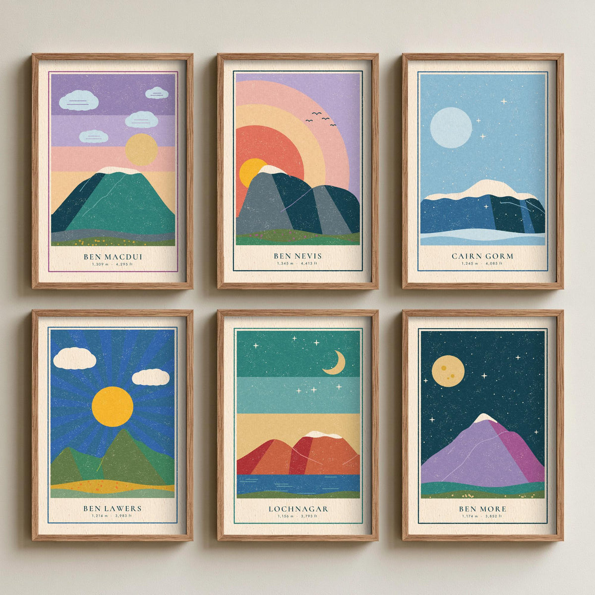Set of Six Scottish Munro Art Prints - 6 Linocut Illustration Posters - Ben Macdui, Ben Nevis, Cairn Gorm, Ben Lawers, Lochnagar, Ben More