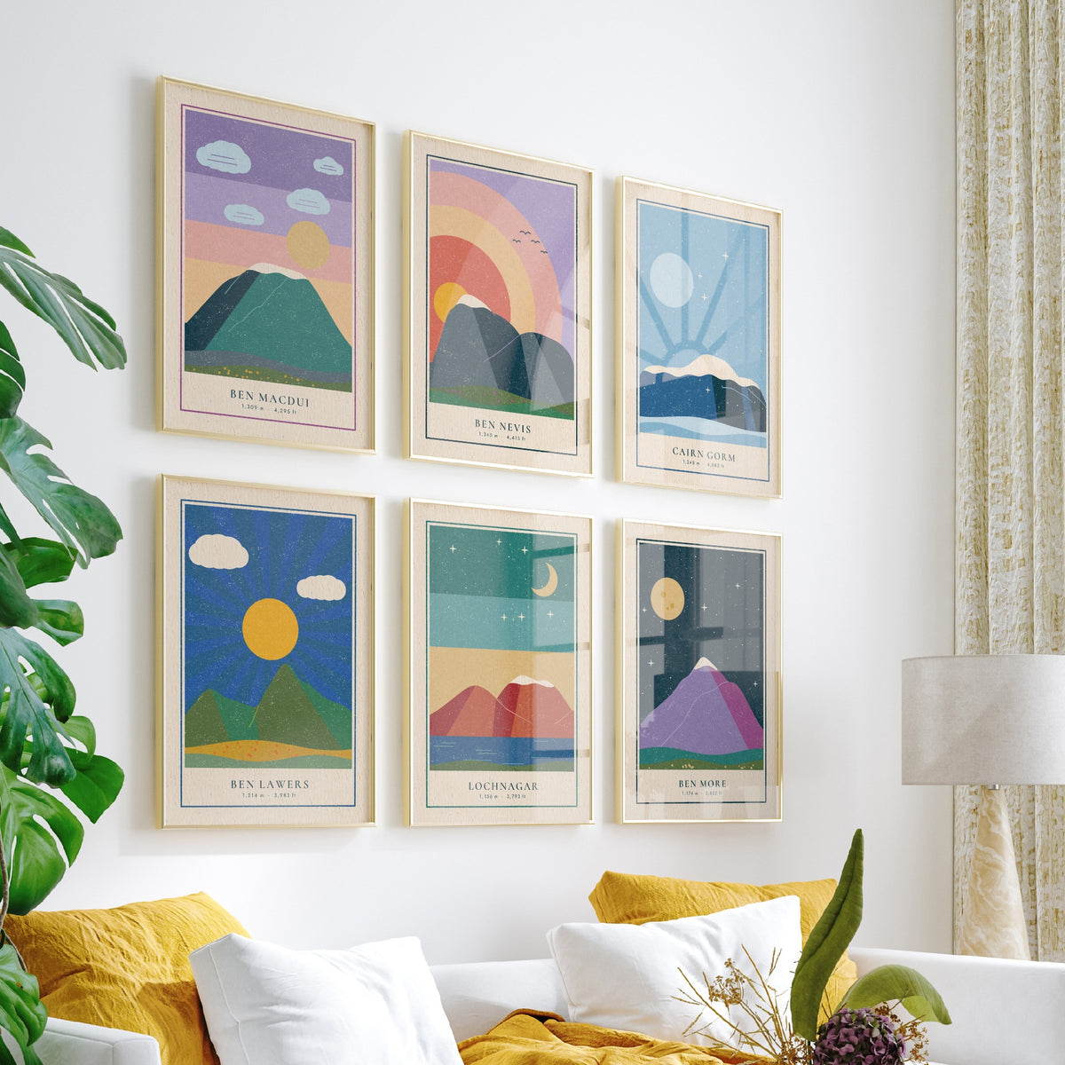 Set of Six Scottish Munro Art Prints - 6 Linocut Illustration Posters - Ben Macdui, Ben Nevis, Cairn Gorm, Ben Lawers, Lochnagar, Ben More