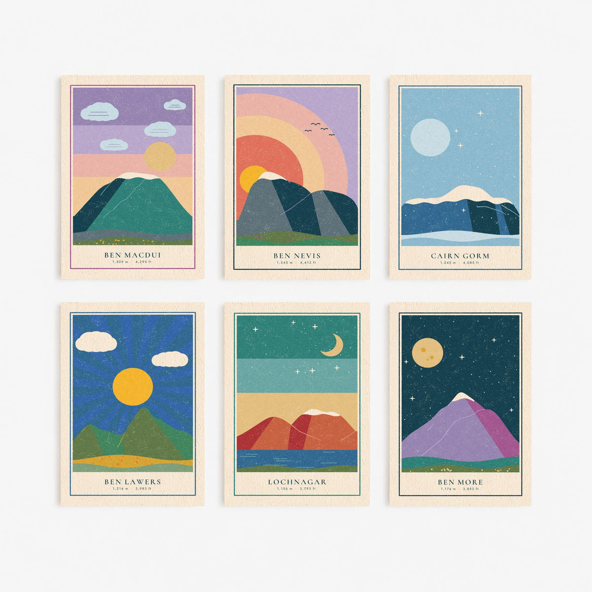 Set of Six Scottish Munro Art Prints - 6 Linocut Illustration Posters - Ben Macdui, Ben Nevis, Cairn Gorm, Ben Lawers, Lochnagar, Ben More