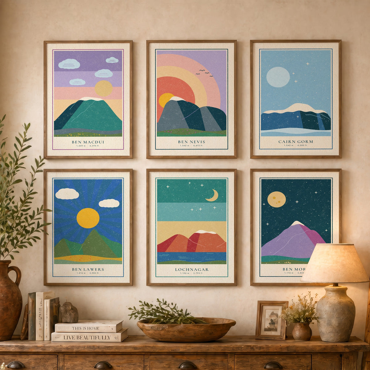 Set of Six Scottish Munro Art Prints - 6 Linocut Illustration Posters - Ben Macdui, Ben Nevis, Cairn Gorm, Ben Lawers, Lochnagar, Ben More