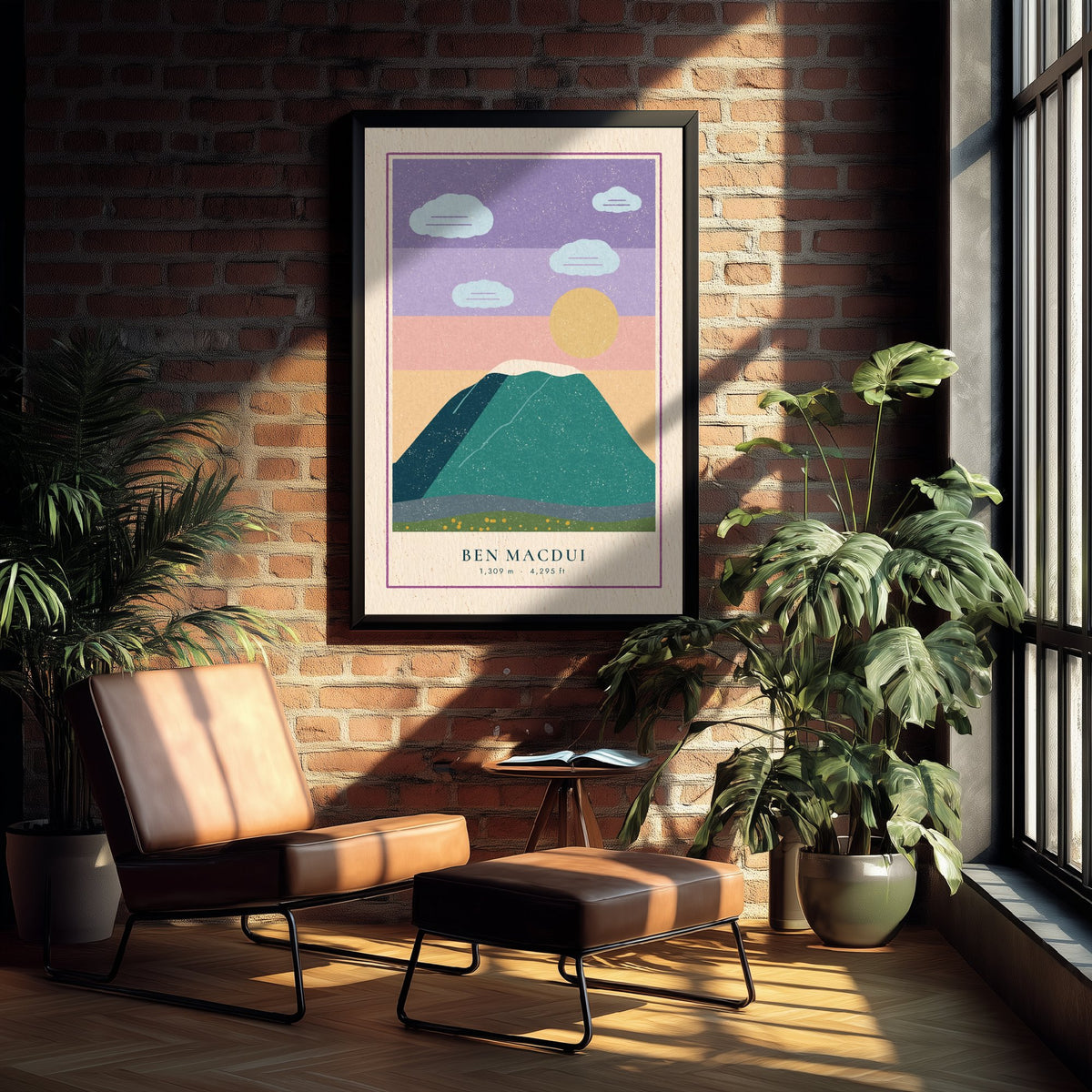 Ben Macdui Art Print - Pastel Sky Cairngorms Poster - Linocut Style Scottish Munro Illustration V1 1/3