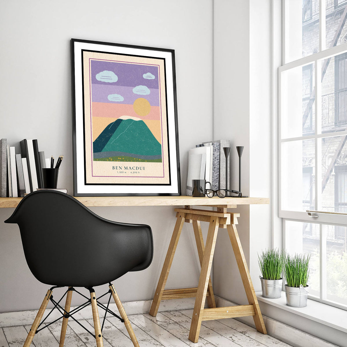 Ben Macdui Art Print - Pastel Sky Cairngorms Poster - Linocut Style Scottish Munro Illustration V1 1/3