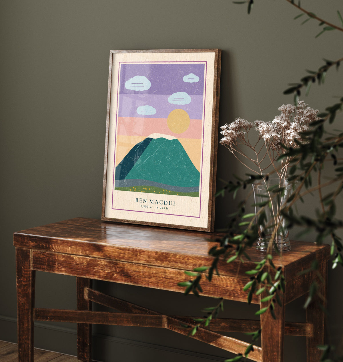 Ben Macdui Art Print - Pastel Sky Cairngorms Poster - Linocut Style Scottish Munro Illustration V1 1/3