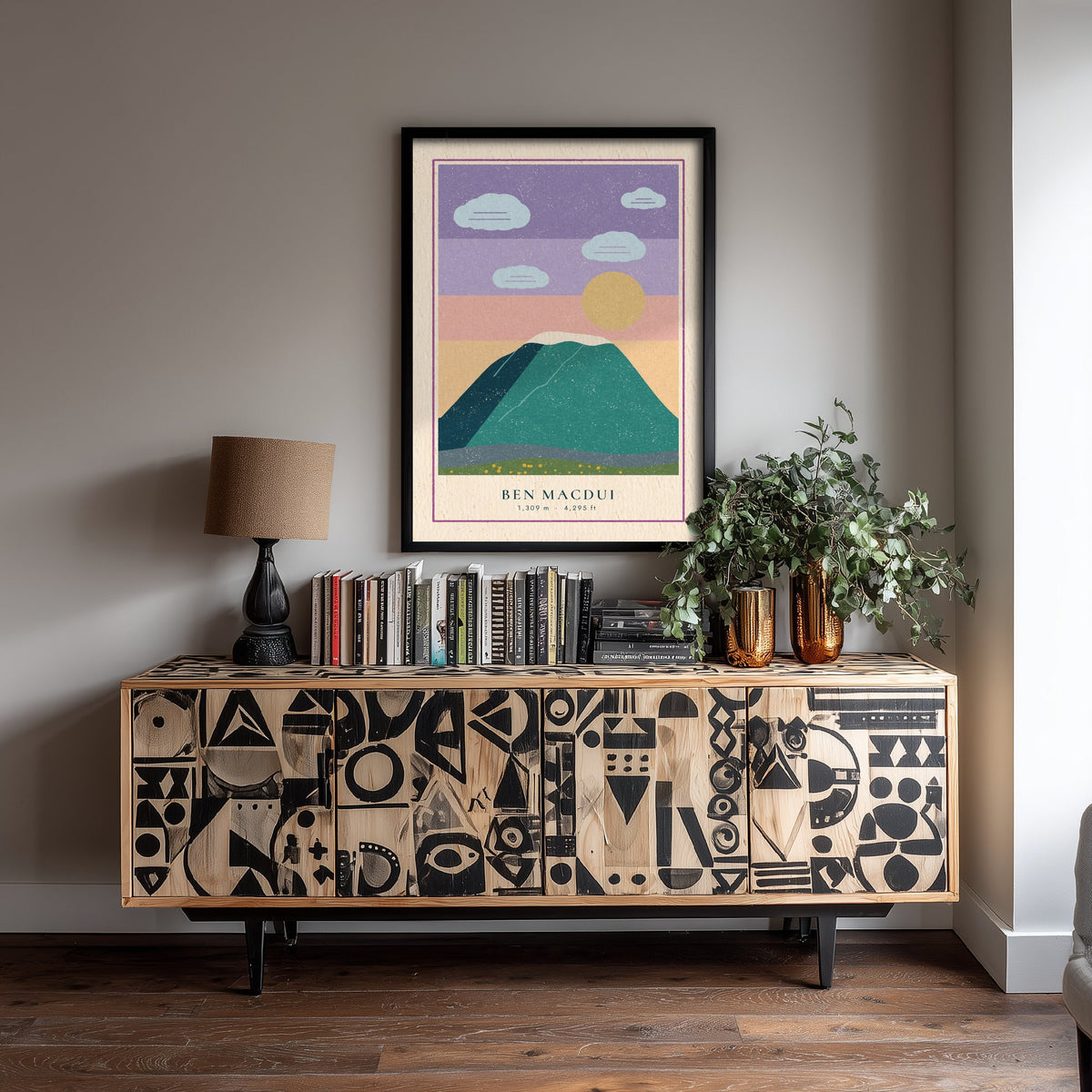 Ben Macdui Art Print - Pastel Sky Cairngorms Poster - Linocut Style Scottish Munro Illustration V1 1/3