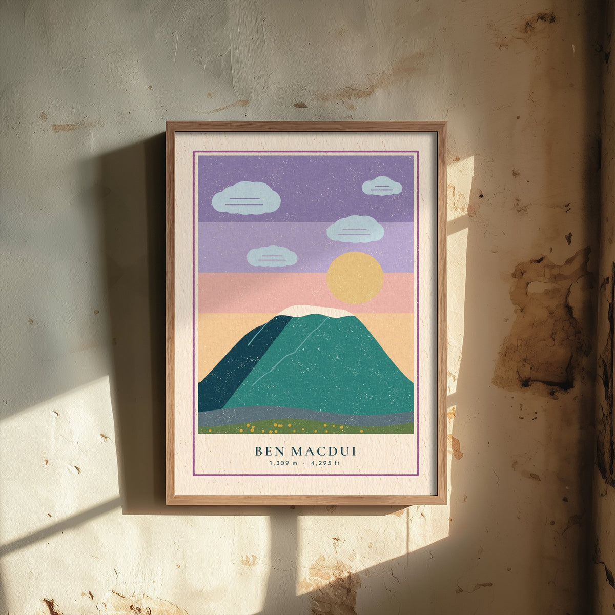Ben Macdui Art Print - Pastel Sky Cairngorms Poster - Linocut Style Scottish Munro Illustration V1 1/3