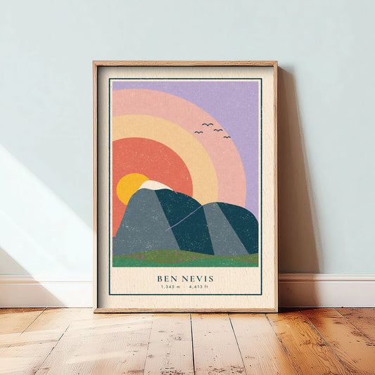 Ben Nevis Sunset Rainbow Art Print - Highest UK Mountain Poster - Retro Linocut Illustration V1 2/3