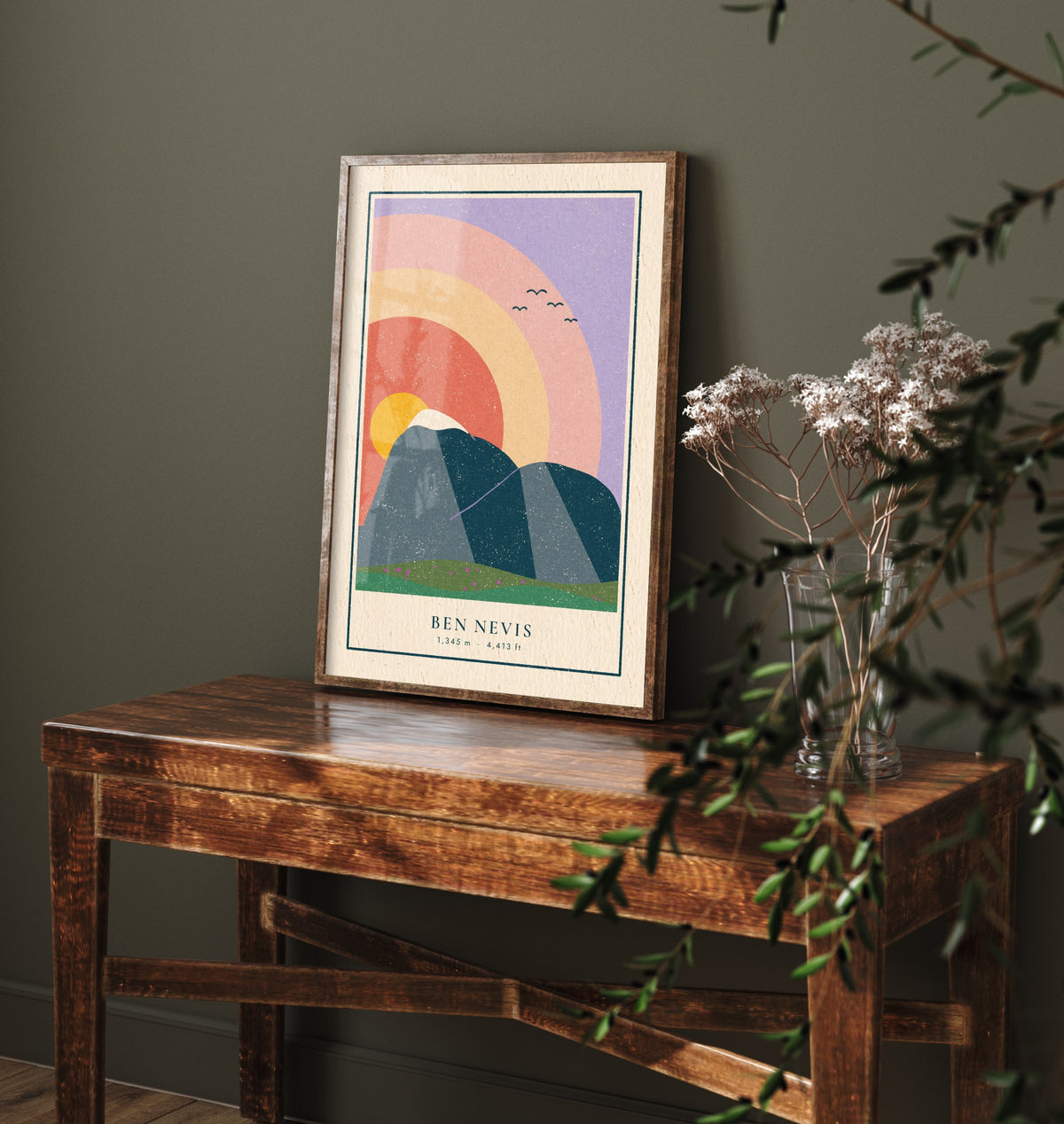 Ben Nevis Sunset Rainbow Art Print - Highest UK Mountain Poster - Retro Linocut Illustration V1 2/3