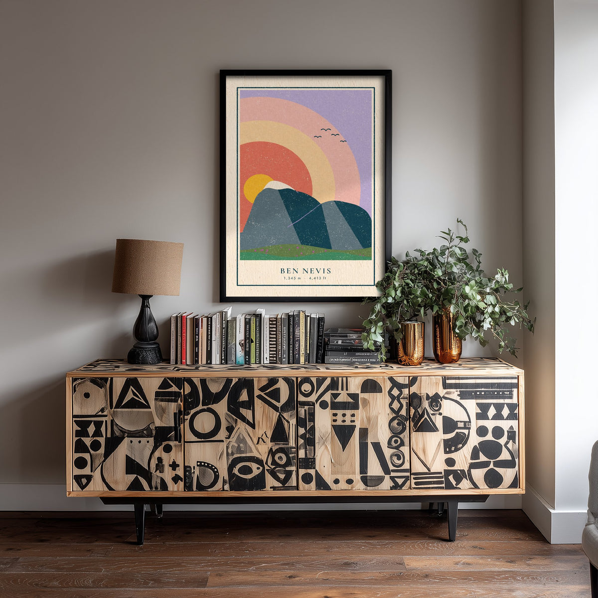 Ben Nevis Sunset Rainbow Art Print - Highest UK Mountain Poster - Retro Linocut Illustration V1 2/3
